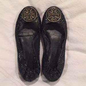 Tory Burch Black Fish-Scale Flats